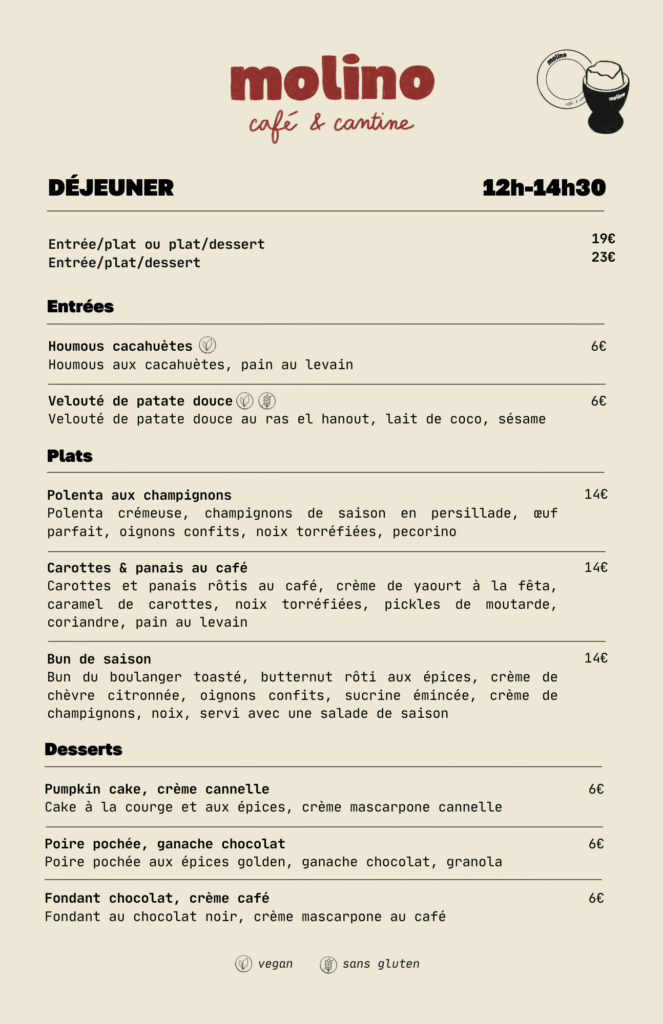 menu molino restaurant végétarien